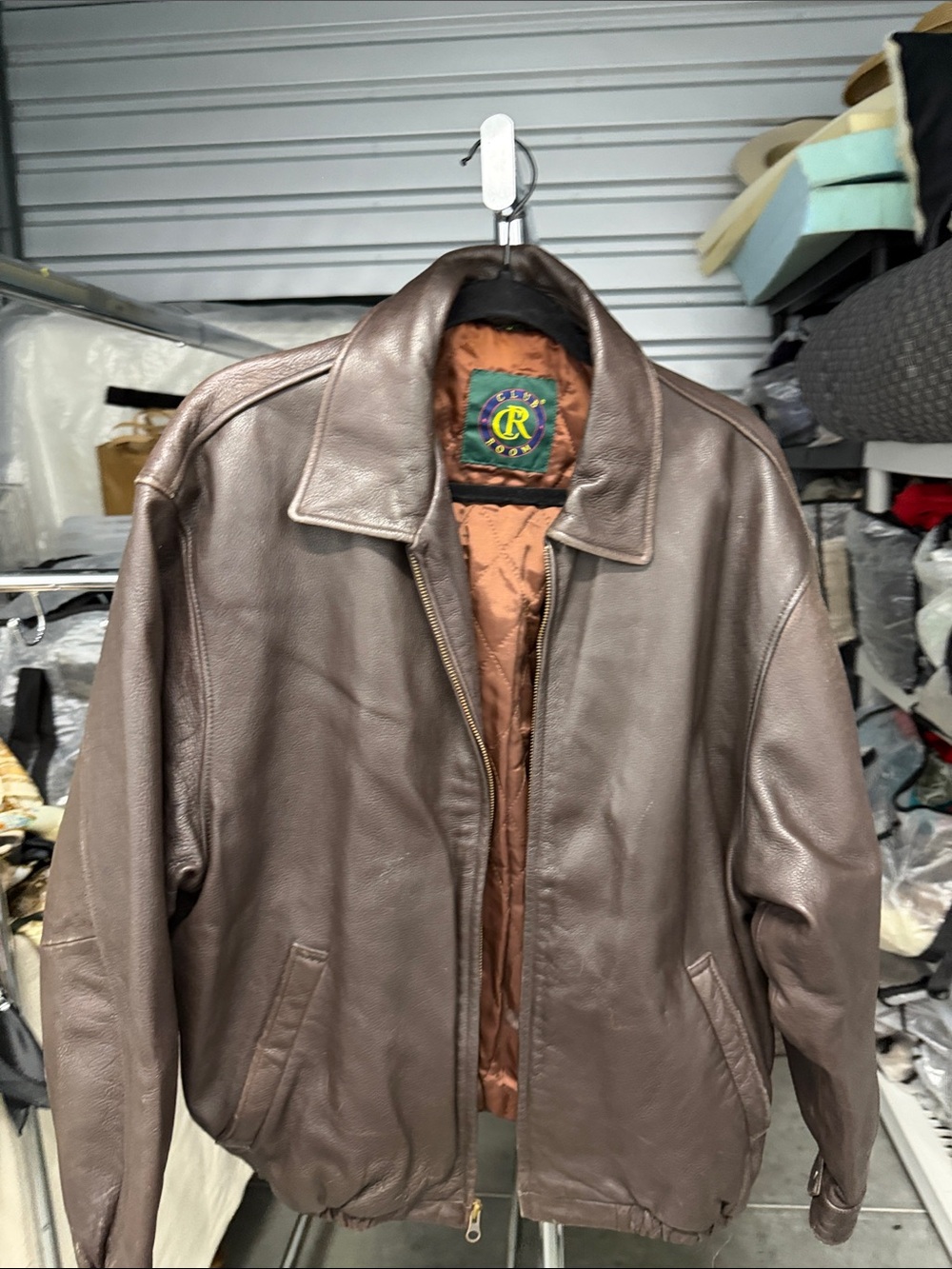 Club Room Brown Leather Bomber Jacket with Quilted Lining
